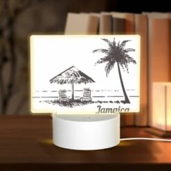 Rectangular Acrylic Night Light, A Black And White Drawing Of A Beach With A Palm Tree And Two Chairs.