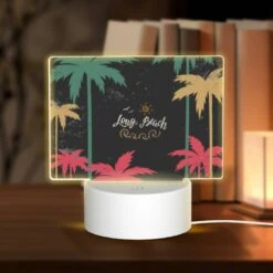Rectangular Acrylic Night Light, A Black And White Image Of Palm Trees With The Words "Long Beach" Written In Gold.