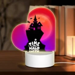 Front Page 27 Love Acrylic Night Light, A Black And White Image Of A Haunted House With A Pink Roof And A Moon In The Background.