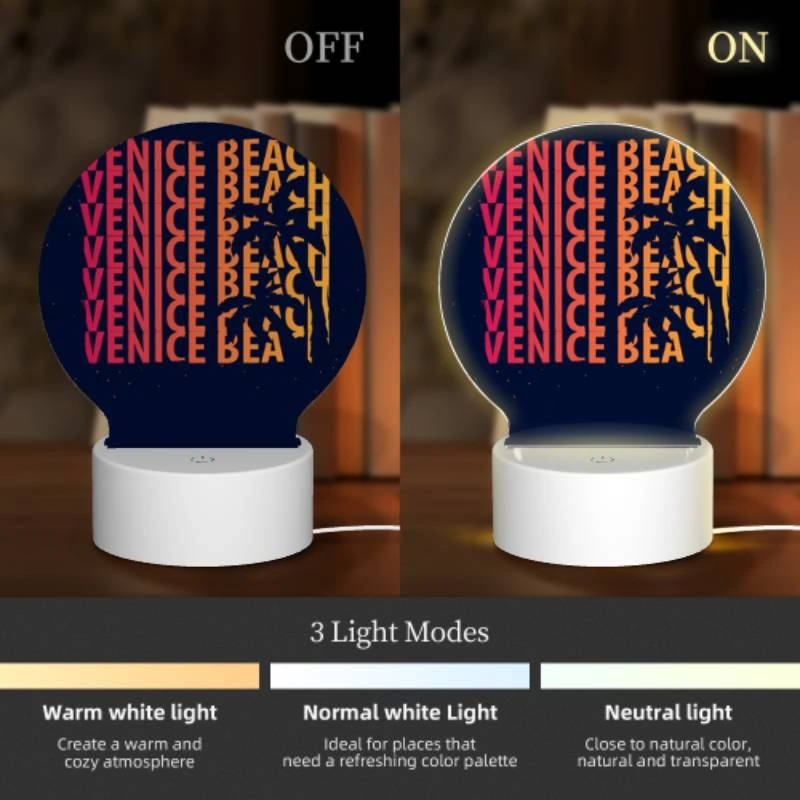 Round Acrylic Night Light, A colorful poster of a beach with the words "Venice Beach" written on it. Round Acrylic Night Light, A Colorful Poster Of A Beach With The Words "Venice Beach" Written On It. -Cute Night Light Shop 873abcdba40ec5b41c21d7f7ae55d1d3a09e9ed0