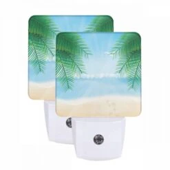 Night Light Set Of 2, A Beach Scene With A Sun