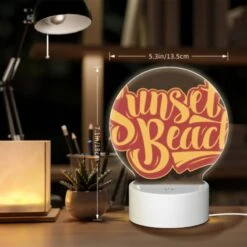 Round Acrylic Night Light, A Sunset Beach Sign With Yellow Letters. -Cute Night Light Shop 8978a258f1771e58096471cede11019a8bb14e1c