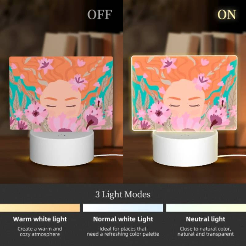 Rectangular Acrylic Night Light, A woman with red hair is surrounded by flowers. Rectangular Acrylic Night Light, A Woman With Red Hair Is Surrounded By Flowers. -Cute Night Light Shop 89bc0d44c2281dc02b161c14192631e1fe029a29