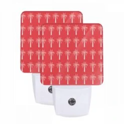 Night Light Set Of 2, A Pattern Of Palm Trees On A Red Background.