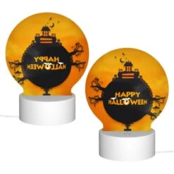 Round Acrylic Night Light, A Round Sign With A House And Bats On It That Says "Happy Halloween.". -Cute Night Light Shop 8bf706d0de749895d7d9a46b7e33842d06d0d338