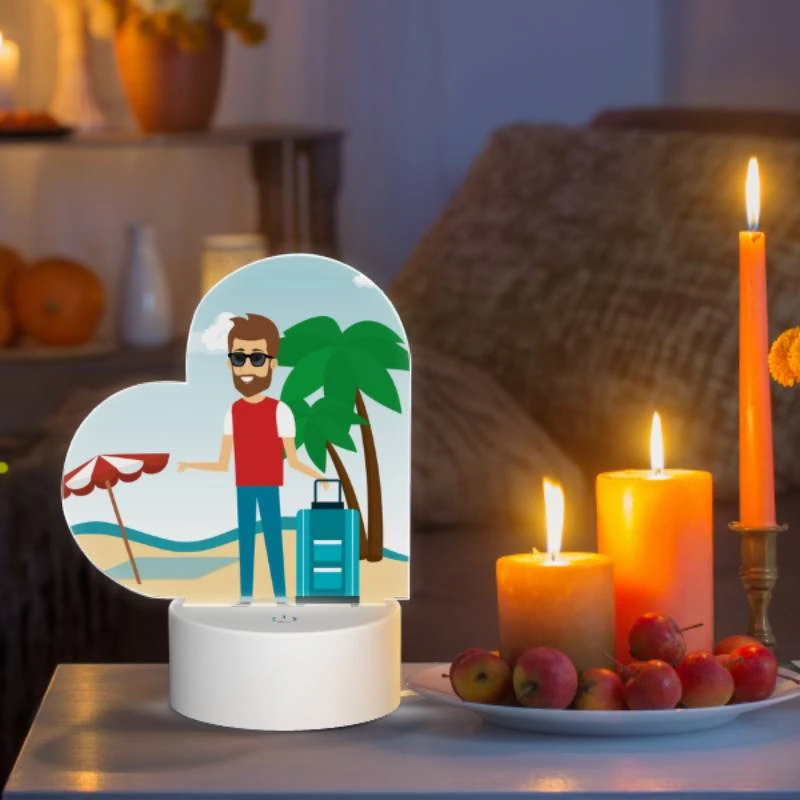 Love Acrylic Night Light, A man with a red shirt and sunglasses is standing on a beach with a suitcase. Love Acrylic Night Light, A Man With A Red Shirt And Sunglasses Is Standing On A Beach With A Suitcase. -Cute Night Light Shop 8d1e9ab3d8d9ff26eeb6aa406f549b30ed52b252