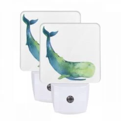 Night Light Set Of 2, A Blue And Green Whale Is Laying On The Ocean Floor.