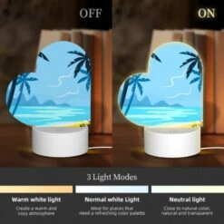 Love Acrylic Night Light, A Blue And Yellow Beach Scene With Palm Trees And A Mountain In The Background. -Cute Night Light Shop 914b98dc7599c60d1bec29c9690ca38028bb3db2