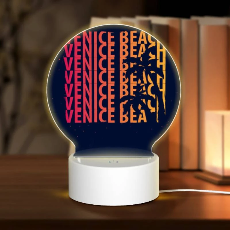 Round Acrylic Night Light, A colorful poster of a beach with the words "Venice Beach" written on it. Round Acrylic Night Light, A Colorful Poster Of A Beach With The Words "Venice Beach" Written On It. -Cute Night Light Shop 924d10d891b6fe1ae09a06f32623747de639e593
