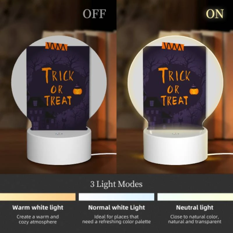 Round Acrylic Night Light, A poster with a pumpkin on it that says Trick or Treat. Round Acrylic Night Light, A Poster With A Pumpkin On It That Says Trick Or Treat. -Cute Night Light Shop 92fa9d4e11c364cf659429646445c61955c2aba6