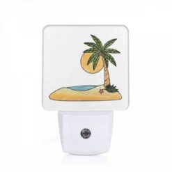 Night Light, A Cartoon Drawing Of A Palm Tree On A Beach.