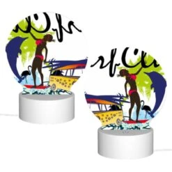 Round Acrylic Night Light, A Woman Is Surfing On A Surfboard In Front Of A Yellow And Blue Van. -Cute Night Light Shop 937f24118d60531760a5af2420ca262eeaa0031a