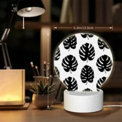 Round Acrylic Night Light, A Pattern Of Leaves On A Black And White Background. -Cute Night Light Shop 954aaf883a366417b918ba0df2ac1c65b8e678cf
