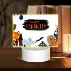 Rectangular Acrylic Night Light, A Halloween Scene With A Sign That Says "Happy Halloween."