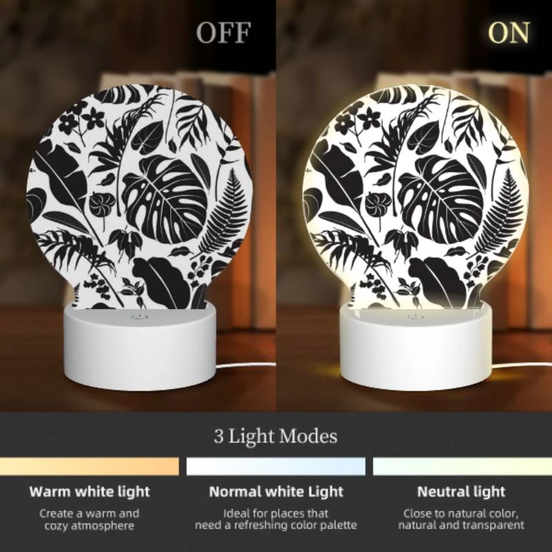 Round Acrylic Night Light, A black and white image of a leafy plant. Round Acrylic Night Light, A Black And White Image Of A Leafy Plant. -Cute Night Light Shop 96ac272eb993741de0af81547e0f8887e3857a08