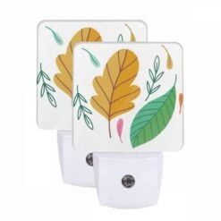 Night Light Set Of 2, A Colorful Leaf With A Pink Stem.