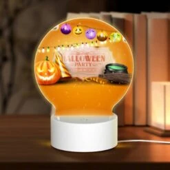 Round Acrylic Night Light, A Halloween Party Sign Is Displayed On An Orange Background.