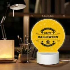 Round Acrylic Night Light, A Yellow Sign That Says "Happy Halloween" With A Skull And Crossbones On It. -Cute Night Light Shop 98fd261339b39997dbe6c66ec31d59f9054aedce