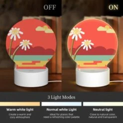 Round Acrylic Night Light, A Red And Yellow Sunset With Two White Flowers. -Cute Night Light Shop 9ca5ef527e4e4a9cd26d72d858a5ea0a0551ea0e