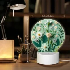 Round Acrylic Night Light, A Collection Of Flowers And Leaves On A Green Background. -Cute Night Light Shop 9df7cfb877f7dac47a466841d6609f07cdfbf00f