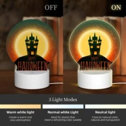 Round Acrylic Night Light, A Halloween Poster With A Castle And The Words "Happy Halloween" Written On It. -Cute Night Light Shop 9e0dfd81474e625ce29a7a22cf4074fbc2f0304a
