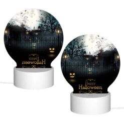 Round Acrylic Night Light, A Fence With A Happy Halloween Sign. -Cute Night Light Shop a00c3660119bf92a06f0c6e5b69a5b0266cf0808