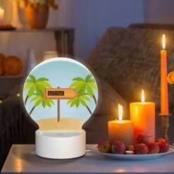 Round Acrylic Night Light, A Sign For Miami Beach Is In Front Of Palm Trees. -Cute Night Light Shop a02999a5345c99abcab72c8d992eb53219093b13