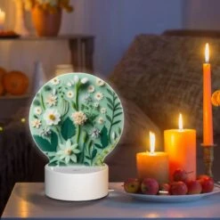 Round Acrylic Night Light, A Collection Of Flowers And Leaves On A Green Background. -Cute Night Light Shop a1cafc4105d23b28eac8202a1f689481fc09905c