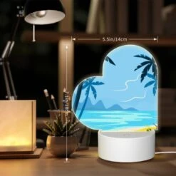 Love Acrylic Night Light, A Blue And Yellow Beach Scene With Palm Trees And A Mountain In The Background. -Cute Night Light Shop a3766ddcdea0fc7b99a498523a77489623716db2