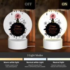 Round Acrylic Night Light, A Black And White Poster With A Witch On A Broomstick And The Words "Happy Halloween" Written In Orange. -Cute Night Light Shop a49b15eb34ba41c2d1d986555fd2a180f2833bd3