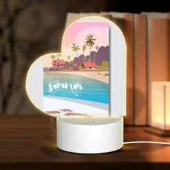 Front Page 3 Love Acrylic Night Light, A Colorful Cartoon Of A Beach With A House And Palm Trees.