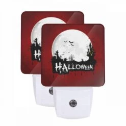 Night Light Set Of 2, A Red Background With A Halloween Theme.