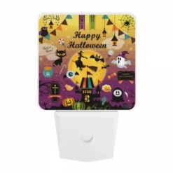 Night Light, A Colorful Poster With Halloween Decorations And A Witch On A Broom. -Cute Night Light Shop aeacebe98ccc2d05f1f3cec670d9554b02e21465