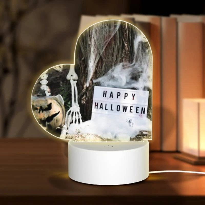 Love Acrylic Night Light, A skeleton and a pumpkin are placed next to a sign that reads "Happy Halloween." Love Acrylic Night Light, A Skeleton And A Pumpkin Are Placed Next To A Sign That Reads "Happy Halloween." -Cute Night Light Shop aee9a912a6baf54f99e9aeb4d7e7f4e79be4819c