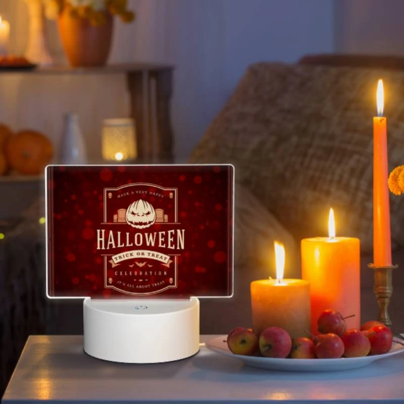 Rectangular Acrylic Night Light, A red and white Halloween poster with a pumpkin on it. Rectangular Acrylic Night Light, A Red And White Halloween Poster With A Pumpkin On It. -Cute Night Light Shop b09ea897d484c4a473573c25ca873ec32a1bec1c