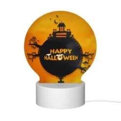 Round Acrylic Night Light, A Round Sign With A House And Bats On It That Says "Happy Halloween.". -Cute Night Light Shop b15648fc5a40286a04afd25d48495b1099e23bf0