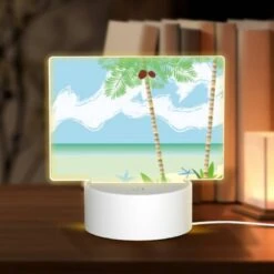 Rectangular Acrylic Night Light, A Painting Of A Beach With Palm Trees And A Crab.