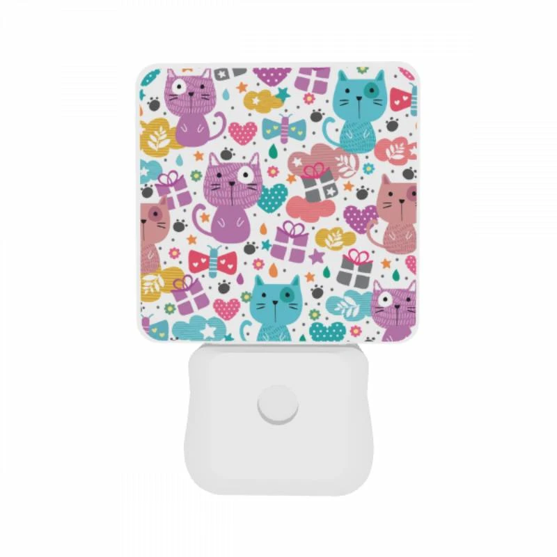 Night Light Set of 2, A colorful pattern of cats with hearts and presents. Night Light Set Of 2, A Colorful Pattern Of Cats With Hearts And Presents. -Cute Night Light Shop b5f7c3939c4cf7af84c499b587f7853dac202d90