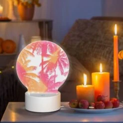Round Acrylic Night Light, A Colorful Palm Tree With Pink And Orange Hues. -Cute Night Light Shop b8350e60ede68891049cdcb8369ec068cc827f5b