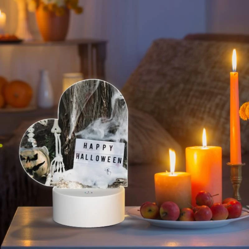 Love Acrylic Night Light, A skeleton and a pumpkin are placed next to a sign that reads "Happy Halloween." Love Acrylic Night Light, A Skeleton And A Pumpkin Are Placed Next To A Sign That Reads "Happy Halloween." -Cute Night Light Shop b8f88ea0d77a04be20887b08455ee8da1374fe4c