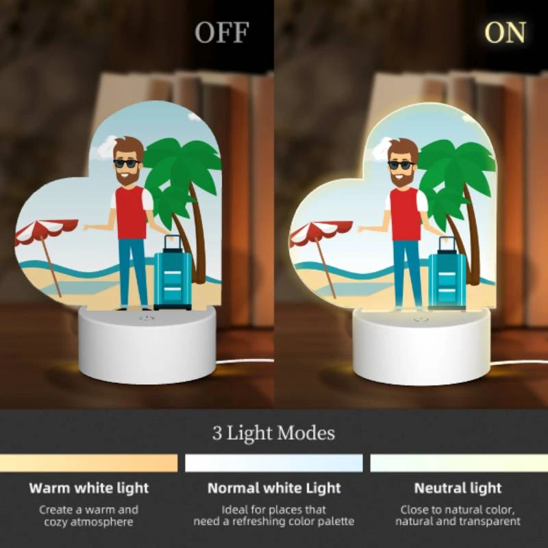 Love Acrylic Night Light, A man with a red shirt and sunglasses is standing on a beach with a suitcase. Love Acrylic Night Light, A Man With A Red Shirt And Sunglasses Is Standing On A Beach With A Suitcase. -Cute Night Light Shop b8fb725d8f0cd355bf6cafaa09cfa2d4f72cbc6e