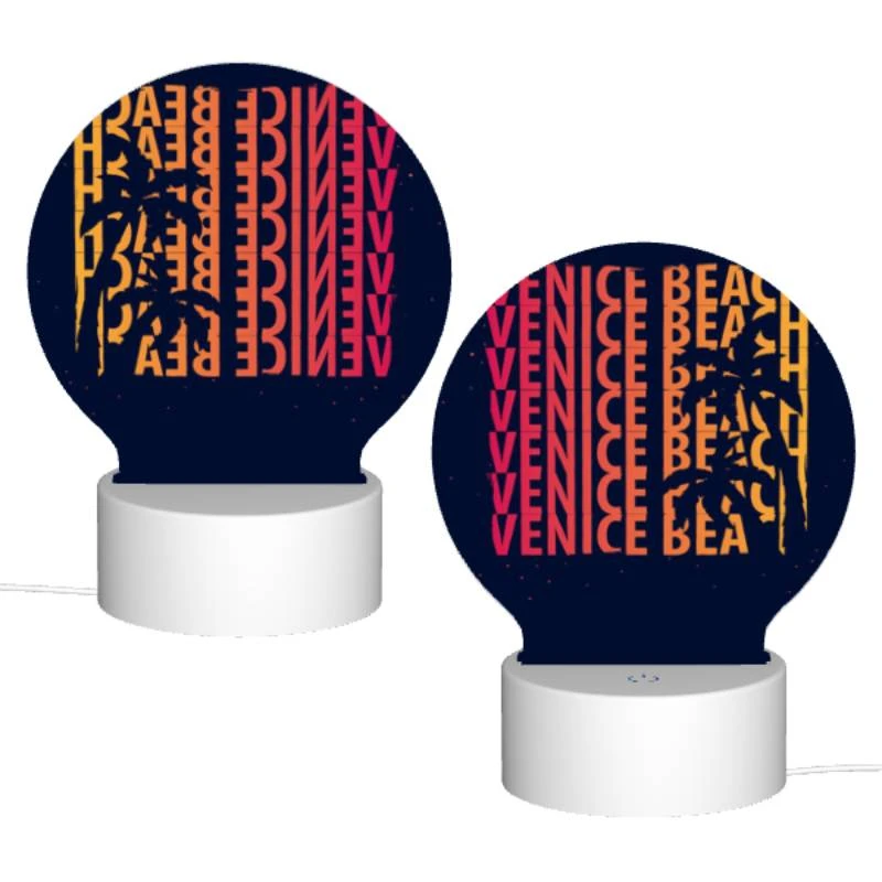 Round Acrylic Night Light, A colorful poster of a beach with the words "Venice Beach" written on it. Round Acrylic Night Light, A Colorful Poster Of A Beach With The Words "Venice Beach" Written On It. -Cute Night Light Shop b9c06111ebb90ca34daa732e6ce66b0b730e495a