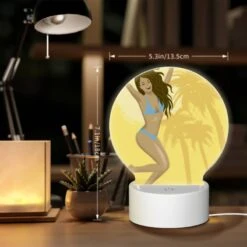 Round Acrylic Night Light, A Woman Wearing A Blue Bikini Is Jumping In The Air. -Cute Night Light Shop bd7b9b84e3121e9d2967bea3de2c8aa135c7bed1