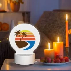 Round Acrylic Night Light, A Sunset With A Beach And Palm Trees. -Cute Night Light Shop c30a7fd2f9f0774b8b85620a3860c2eb1f8e1ae4