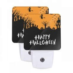 Night Light Set Of 2, A Halloween Poster With A Witch Flying Over A Hill Of Pumpkins.