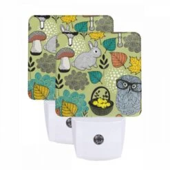 Night Light Set Of 2, A Colorful Cartoon Of A Bunny And A Mushroom With A Basket Of Fruit.