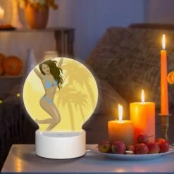 Round Acrylic Night Light, A Woman Wearing A Blue Bikini Is Jumping In The Air. -Cute Night Light Shop c4db65f45d450cd7ad0919a5c998dbab717ad4d1