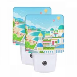 Night Light Set Of 2, A Colorful Cartoon Of A City With A Beach