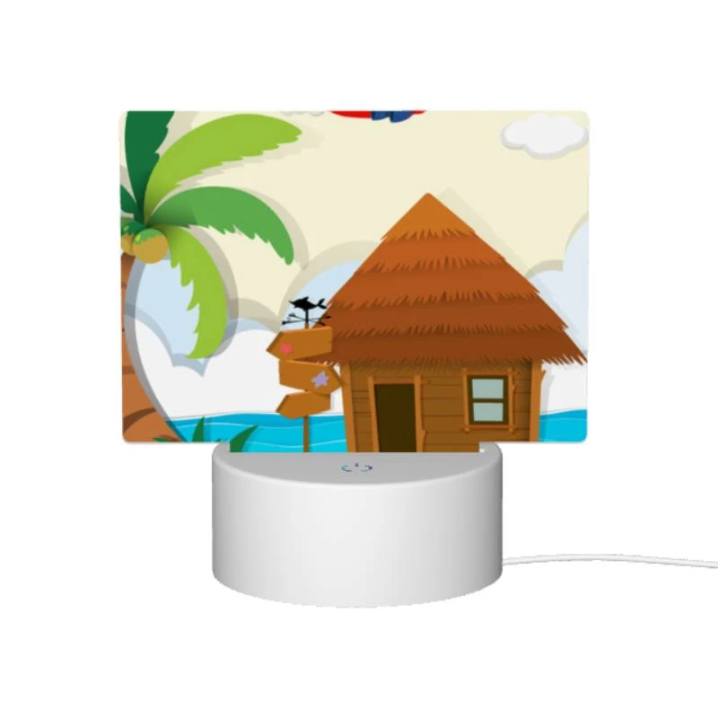 Rectangular Acrylic Night Light, A cartoon house with a palm tree and a plane flying over it. Rectangular Acrylic Night Light, A Cartoon House With A Palm Tree And A Plane Flying Over It. -Cute Night Light Shop c5cc87188195de452d5cb6988883232aa10592d1