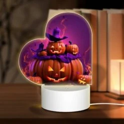 Love Acrylic Night Light, A Group Of Pumpkins With Purple Hats On Them.